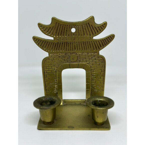 VTG Brass Pagoda-Inspired Double Candle Holder Heavy MCM Decor Style Gold - Picture 3 of 6